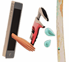 Logo for Virtual Plumbing Network, featuring a smartphone with a hand emerging from the screen holding a pipe wrench, positioned to fix a leaking water pipe, all against a black background.